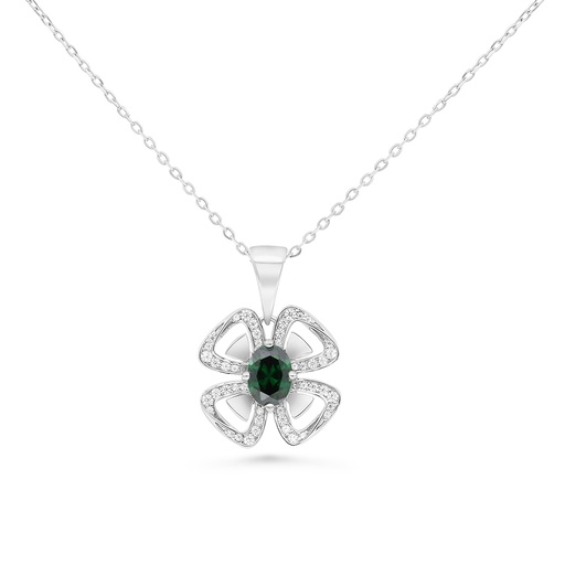 [NCL01EMR00WCZB122] Sterling Silver 925 Necklace Rhodium Plated Embedded With Emerald Zircon And White CZ