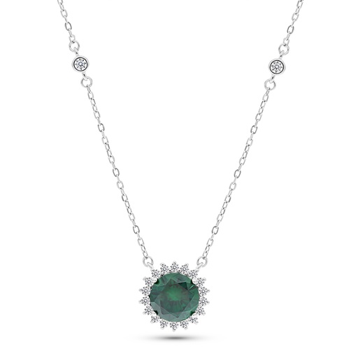 [NCL01EMR00WCZB129] Sterling Silver 925 Necklace Rhodium Plated Embedded With Emerald Zircon And White CZ