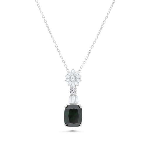 [NCL01EMR00WCZB131] Sterling Silver 925 Necklace Rhodium Plated Embedded With Emerald Zircon And White CZ