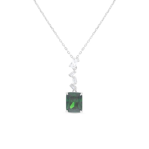 [NCL01EMR00WCZB159] Sterling Silver 925 Necklace Rhodium Plated Embedded With Emerald Zircon And White CZ