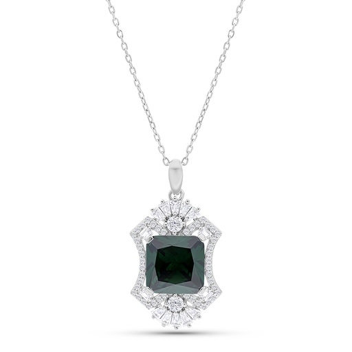 [NCL01EMR00WCZB160] Sterling Silver 925 Necklace Rhodium Plated Embedded With Emerald Zircon And White CZ