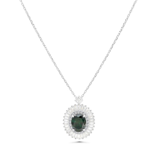 [NCL01EMR00WCZB166] Sterling Silver 925 Necklace Rhodium Plated Embedded With Emerald Zircon And White CZ