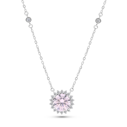 [NCL01PIK00WCZB129] Sterling Silver 925 Necklace Rhodium Plated Embedded With pink Zircon And White CZ
