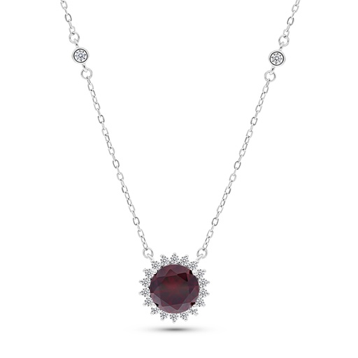 [NCL01RUB00WCZB129] Sterling Silver 925 Necklace Rhodium Plated Embedded With Ruby Corundum And White CZ