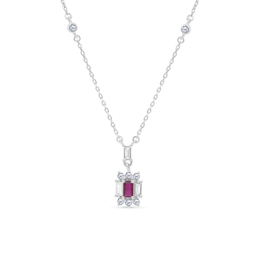 [NCL01RUB00WCZB139] Sterling Silver 925 Necklace Rhodium Plated Embedded With Ruby Corundum And White CZ