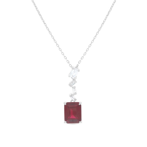 [NCL01RUB00WCZB159] Sterling Silver 925 Necklace Rhodium Plated Embedded With Ruby Corundum And White CZ