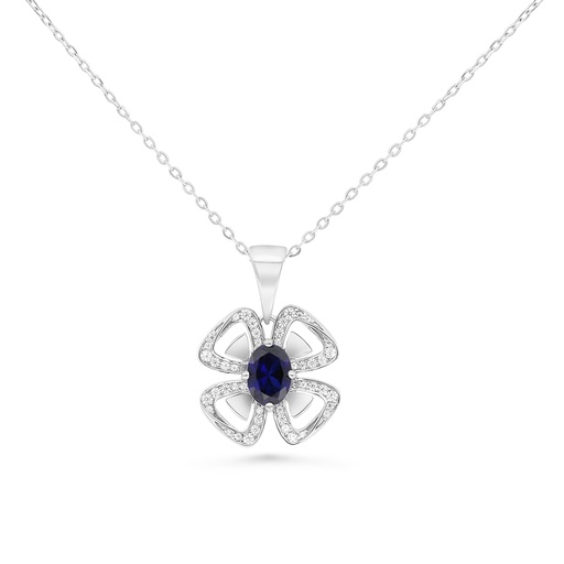 [NCL01SAP00WCZB122] Sterling Silver 925 Necklace Rhodium Plated Embedded With Sapphire Corundum And White CZ