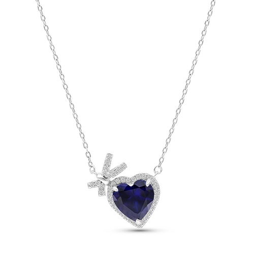 [NCL01SAP00WCZB127] Sterling Silver 925 Necklace Rhodium Plated Embedded With Sapphire Corundum And White CZ