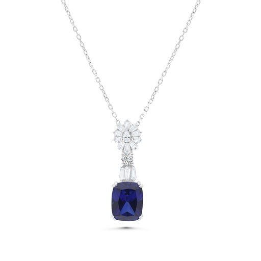 [NCL01SAP00WCZB131] Sterling Silver 925 Necklace Rhodium Plated Embedded With Sapphire Corundum And White CZ