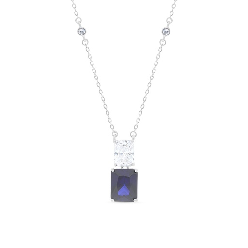 [NCL01SAP00WCZB135] Sterling Silver 925 Necklace Rhodium Plated Embedded With Sapphire Corundum And White CZ