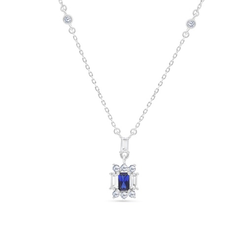 [NCL01SAP00WCZB139] Sterling Silver 925 Necklace Rhodium Plated Embedded With Sapphire Corundum And White CZ