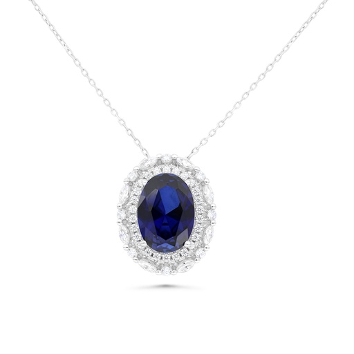 [NCL01SAP00WCZB177] Sterling Silver 925 Necklace Rhodium Plated Embedded With Sapphire Corundum And White CZ