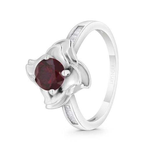 Sterling Silver 925 Ring Rhodium Plated Embedded With Ruby Corundum And White CZ