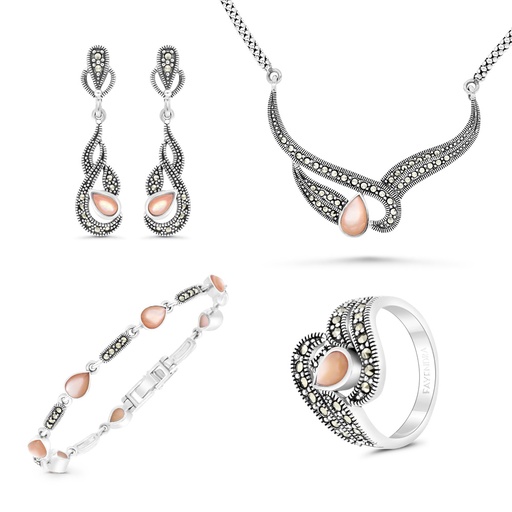 Sterling Silver 925 Set Embedded With Natural Pink Shell And Marcasite Stones
