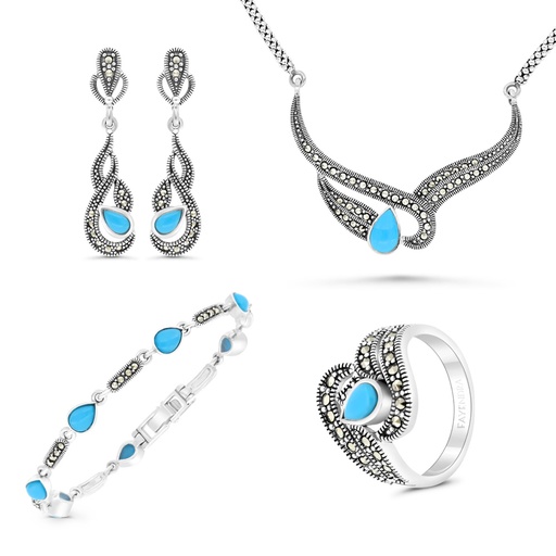 Sterling Silver 925 Set Embedded With Natural Processed Turquoise And Marcasite Stones