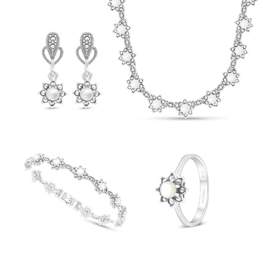 Sterling Silver 925 Set Embedded With Natural White Shell And Marcasite Stones
