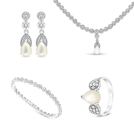 Sterling Silver 925 Set Embedded With Natural White Shell And Marcasite Stones
