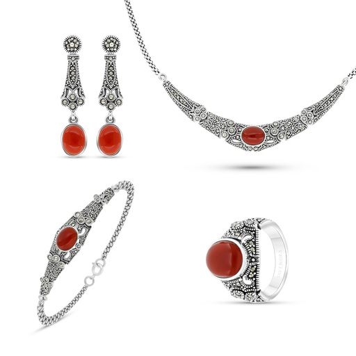 Sterling Silver 925 Set Embedded With Natural Aqiq And Marcasite Stones