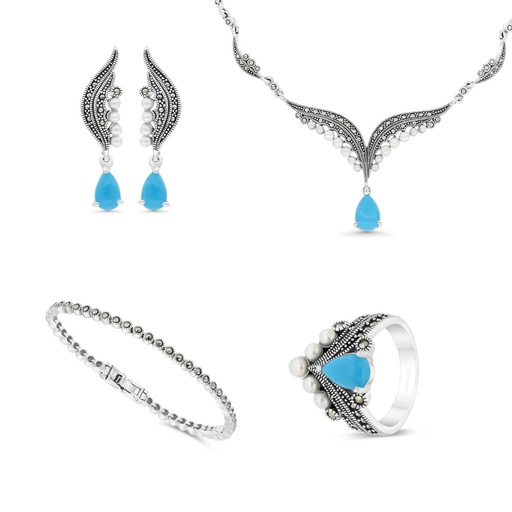 Sterling Silver 925 Set Embedded With Natural Processed Turquoise And White Shell Pearl And Marcasite Stones