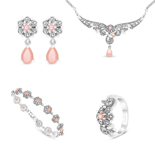 Sterling Silver 925 Set Embedded With Natural Pink Shell And Marcasite Stones