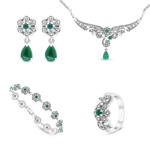 Sterling Silver 925 Set Embedded With Natural Green Agate And Marcasite Stones