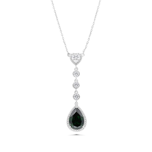 [NCL01EMR00WCZB189] Sterling Silver 925 Necklace Rhodium Plated Embedded With Emerald Zircon And White CZ