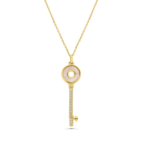 [NCL02PIK00WCZB195] Sterling Silver 925 Necklace Gold Plated Embedded With Pink Shell And White CZ