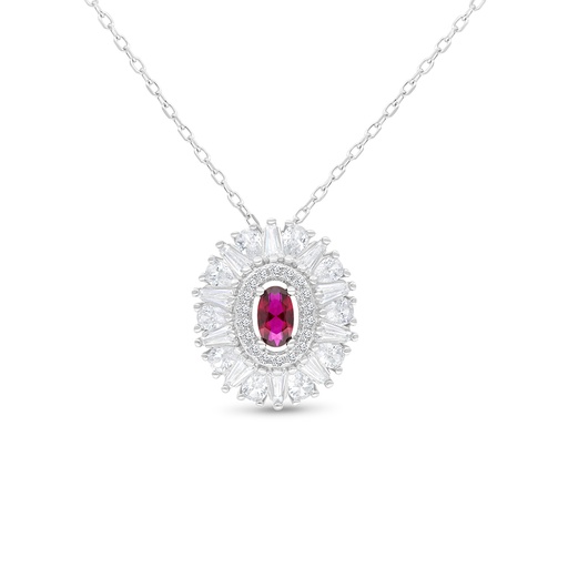 [NCL01RUB00WCZB208] Sterling Silver 925 Necklace Rhodium Plated Embedded With Ruby Corundum And White CZ