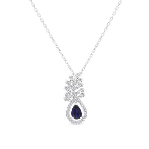 [NCL01SAP00WCZB209] Sterling Silver 925 Necklace Rhodium Plated Embedded With Sapphire Corundum And White CZ