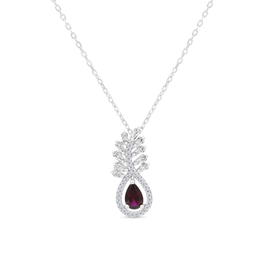 [NCL01RUB00WCZB209] Sterling Silver 925 Necklace Rhodium Plated Embedded With Ruby Corundum And White CZ