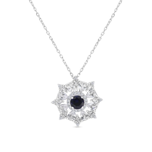 [NCL01SAP00WCZB210] Sterling Silver 925 Necklace Rhodium Plated Embedded With Sapphire Corundum And White CZ