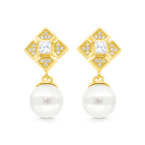 [EAR02PRL00WCZC078] Sterling Silver 925 Earring Gold Plated Embedded With White Shell Pearl And White CZ