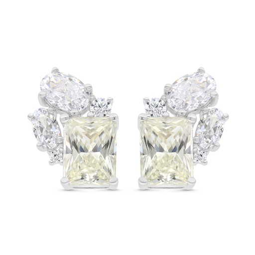 [EAR01CIT00WCZC086] Sterling Silver 925 Earring Rhodium Plated Embedded With Yellow Zircon And White CZ