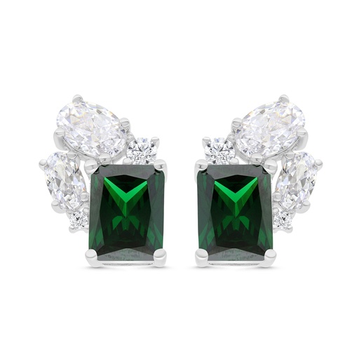 [EAR01EMR00WCZC086] Sterling Silver 925 Earring Rhodium Plated Embedded With Emerald Zircon And White CZ
