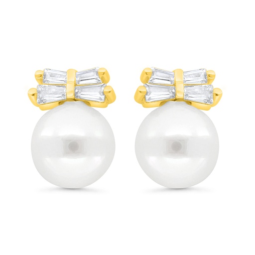 [EAR02PRL00WCZC087] Sterling Silver 925 Earring Gold Plated Embedded With White Shell Pearl And White CZ