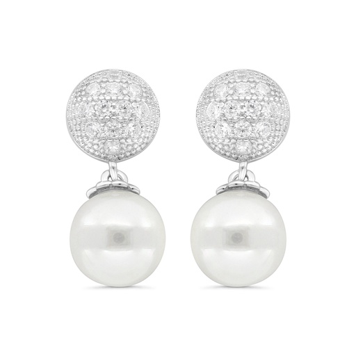 [EAR01PRL00WCZC089] Sterling Silver 925 Earring Rhodium Plated Embedded With White Shell Pearl And White CZ