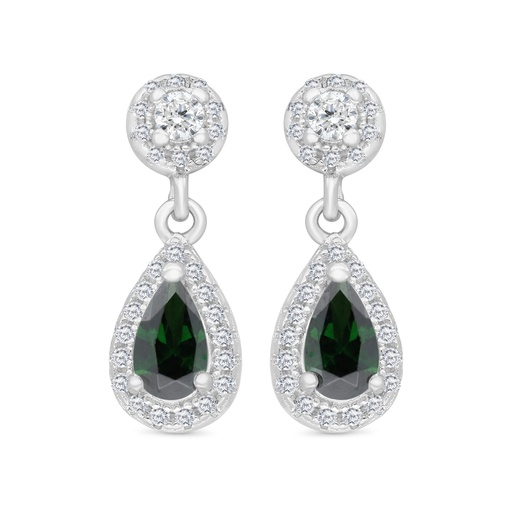 [EAR01EMR00WCZC122] Sterling Silver 925 Earring Rhodium Plated Embedded With Emerald Zircon And White CZ