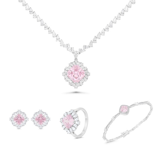 Sterling Silver 925 SET Rhodium Plated Embedded With pink  Zircon And White CZ