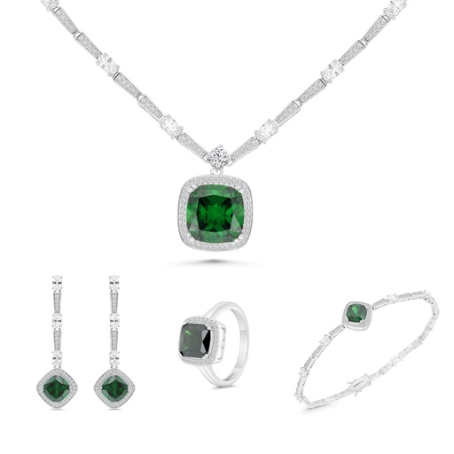 Sterling Silver 925 SET Rhodium Plated Embedded With Emerald Zircon And White CZ