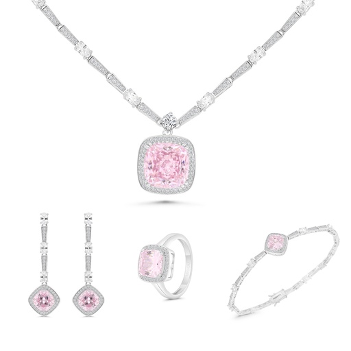 Sterling Silver 925 SET Rhodium Plated Embedded With pink  Zircon And White CZ