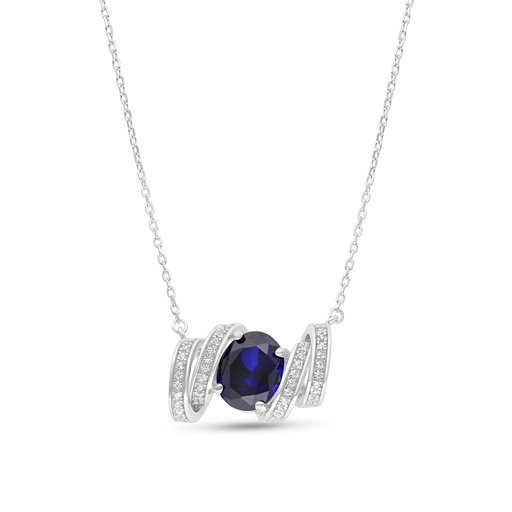 [NCL01SAP00WCZB253] Sterling Silver 925 Necklace Rhodium Plated Embedded With Sapphire Corundum And White CZ