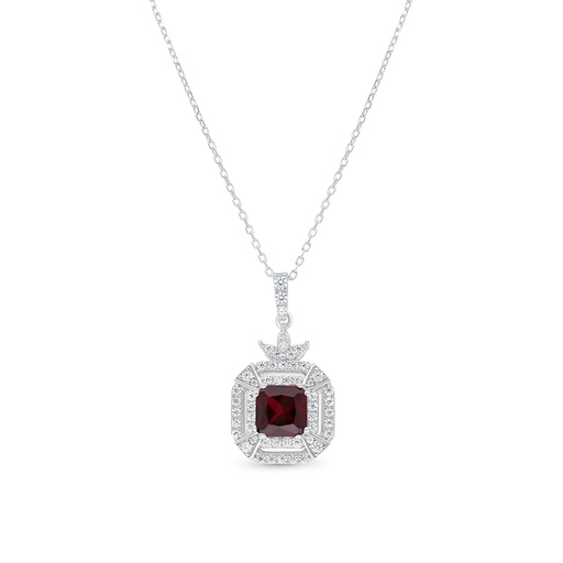 [NCL01RUB00WCZB255] Sterling Silver 925 Necklace Rhodium Plated Embedded With Ruby Corundum And White CZ