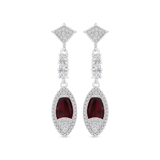 [EAR01RUB00WCZC177] Sterling Silver 925 Earring Rhodium Plated Embedded With Ruby Corundum And White CZ