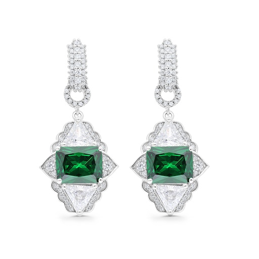 [EAR01EMR00WCZC178] Sterling Silver 925 Earring Rhodium Plated Embedded With Emerald Zircon And White CZ
