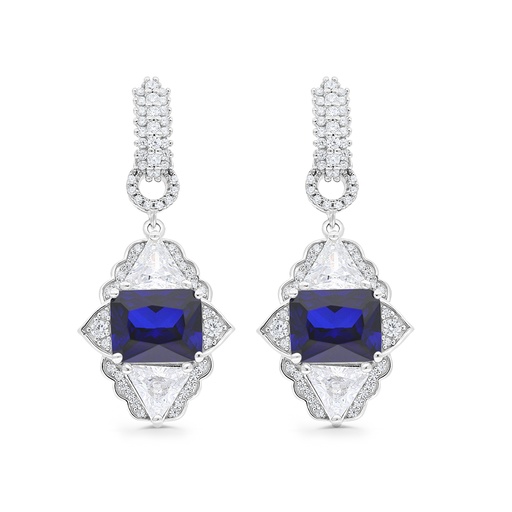[EAR01SAP00WCZC178] Sterling Silver 925 Earring Rhodium Plated Embedded With Sapphire Corundum And White CZ