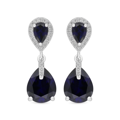 [EAR01SAP00WCZC180] Sterling Silver 925 Earring Rhodium Plated Embedded With Sapphire Corundum And White CZ