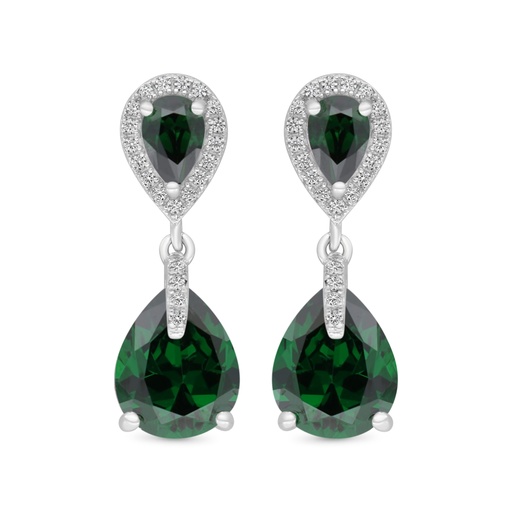 [EAR01EMR00WCZC180] Sterling Silver 925 Earring Rhodium Plated Embedded With Emerald Zircon And White CZ