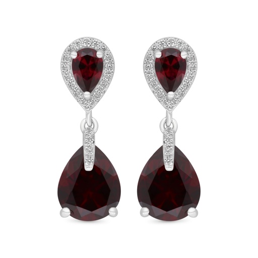 [EAR01RUB00WCZC180] Sterling Silver 925 Earring Rhodium Plated Embedded With Ruby Corundum And White CZ
