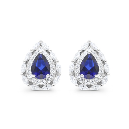 [EAR01SAP00WCZC184] Sterling Silver 925 Earring Rhodium Plated Embedded With Sapphire Corundum And White CZ
