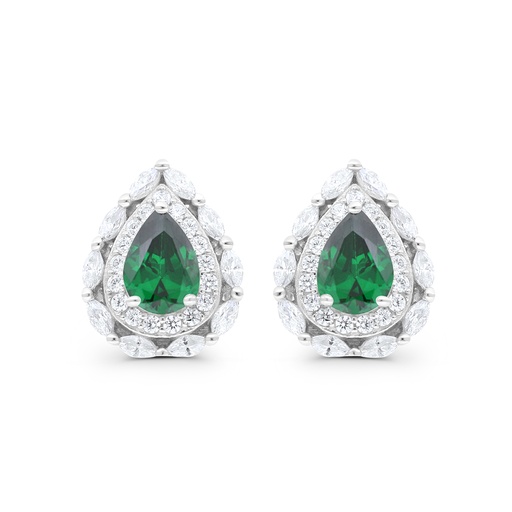 [EAR01EMR00WCZC184] Sterling Silver 925 Earring Rhodium Plated Embedded With Emerald Zircon And White CZ
